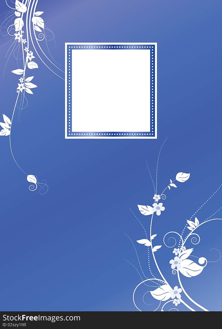 A rectangular blue card with white sample text and floral patterns. A rectangular blue card with white sample text and floral patterns