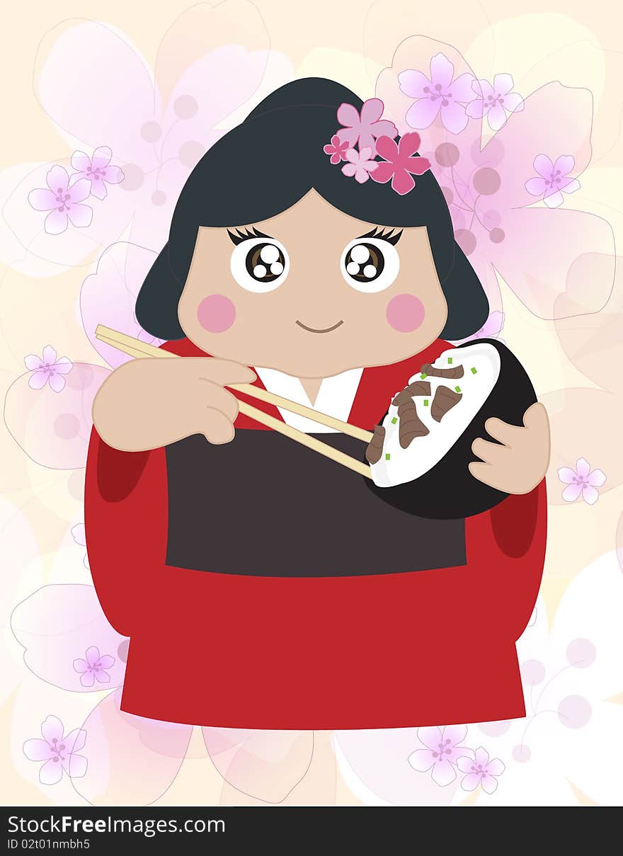 A Japanese girl wearing a kimono eating a rice bowl. A Japanese girl wearing a kimono eating a rice bowl