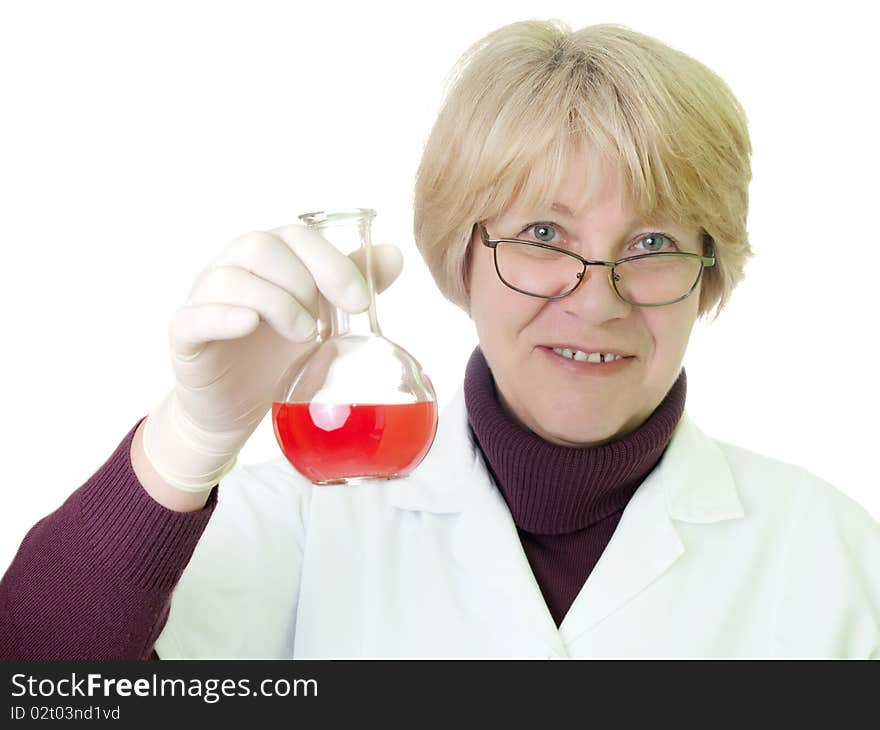 A senior woman, researcher on a white background