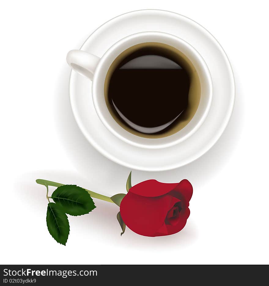 Top view of black coffee cup with red rose. Photo-realistic .