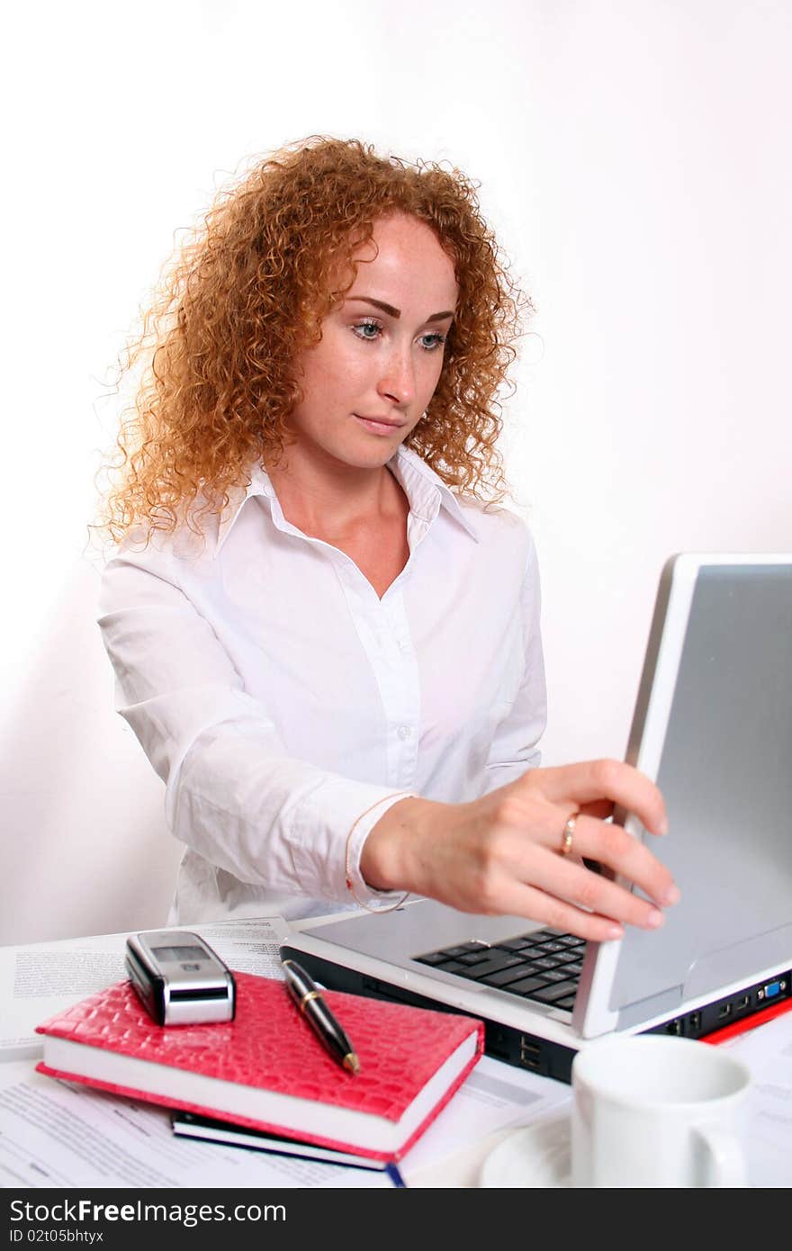 Young smiling business woman working with laptop