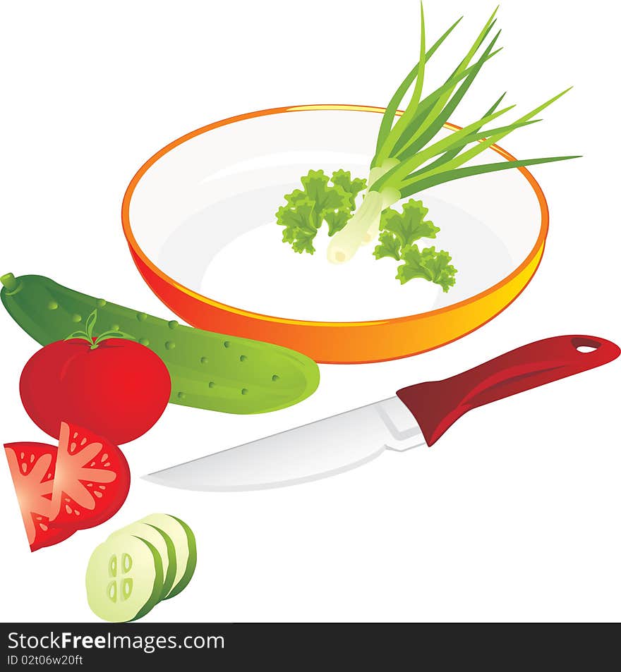 Cutting of vegetables and greenery for lettuce. Illustration