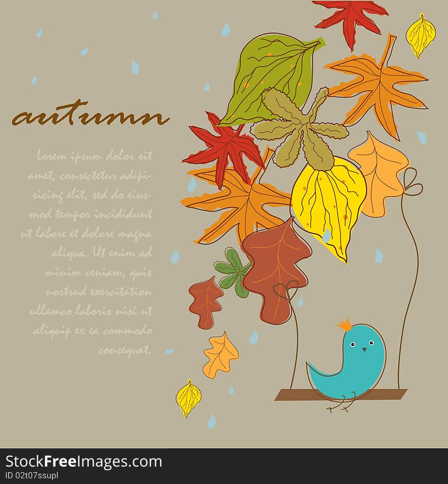 Autumn Background With Cute Blue Bird Under Rain