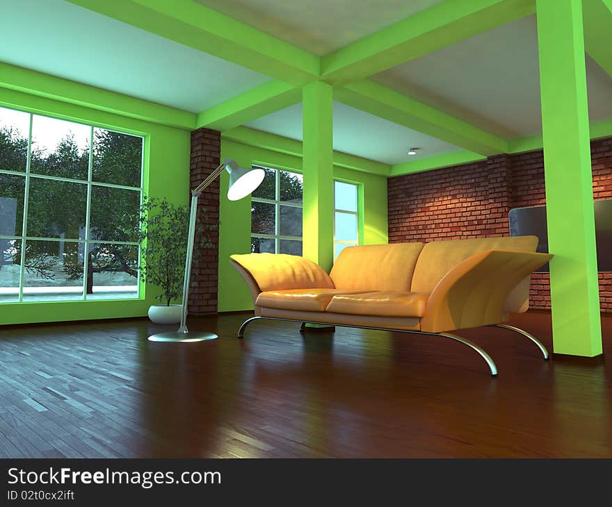 Modern empty interior with green walls and orange sofa. Modern empty interior with green walls and orange sofa