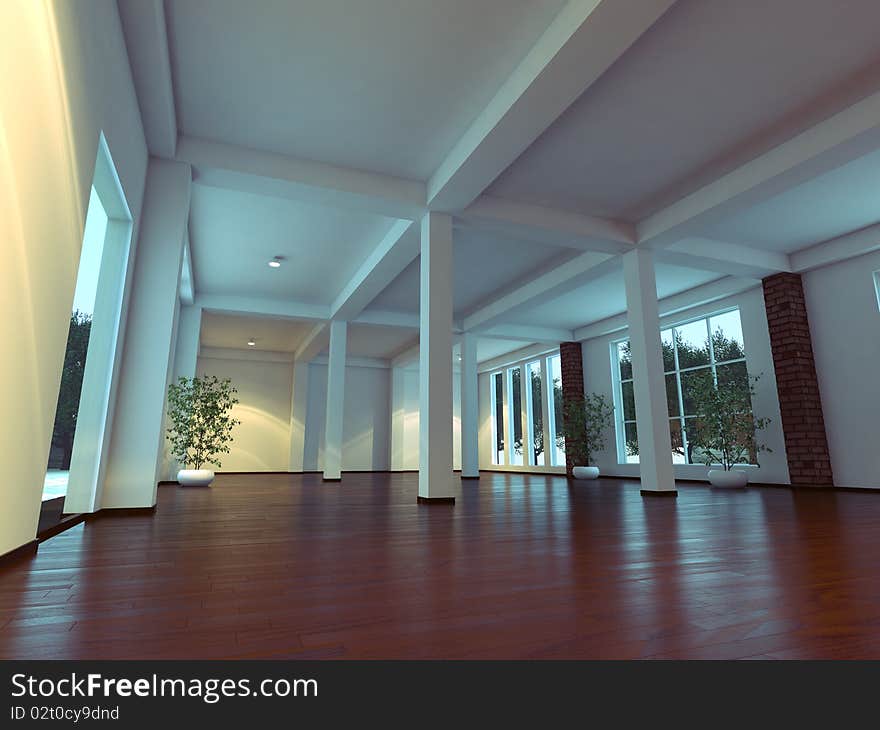 Modern empty interior with white walls and columns