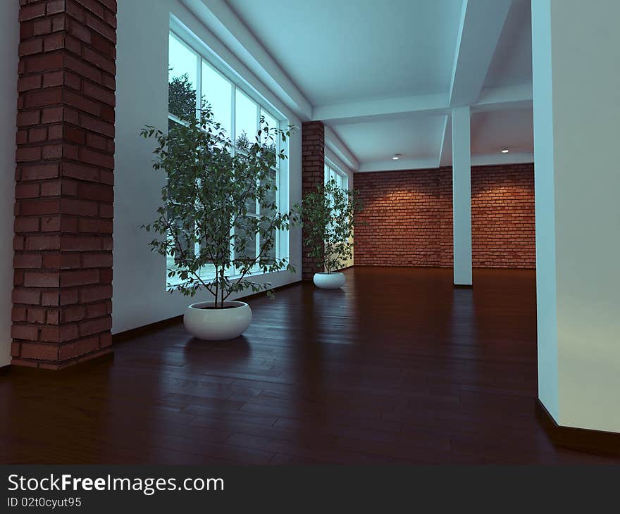 Modern empty interior with white walls and columns