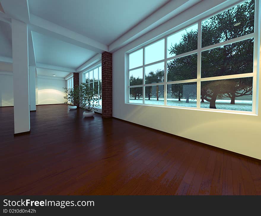 Modern empty interior with white walls and columns