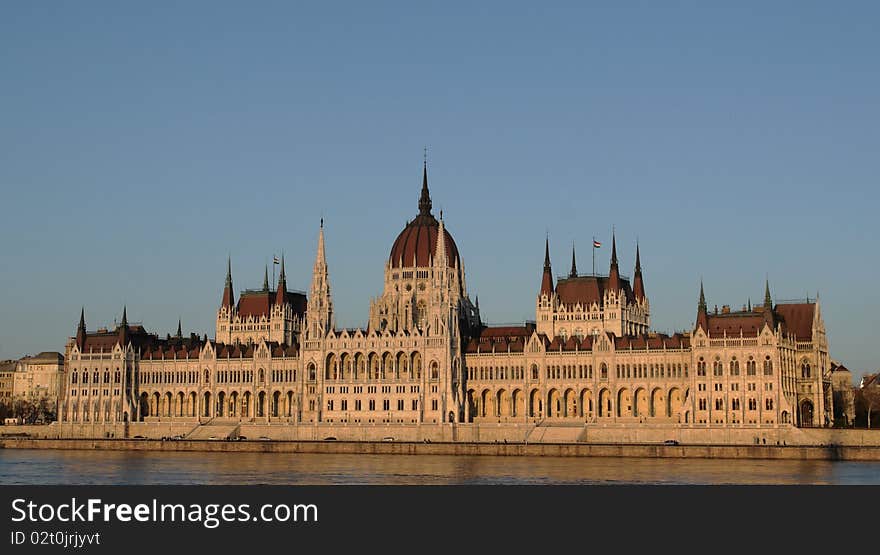 Hungarian government office (parlaiment) in sunset