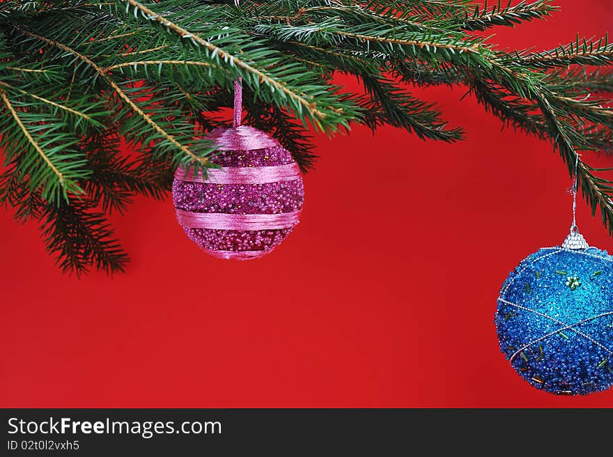 Christmas symbols on red close up