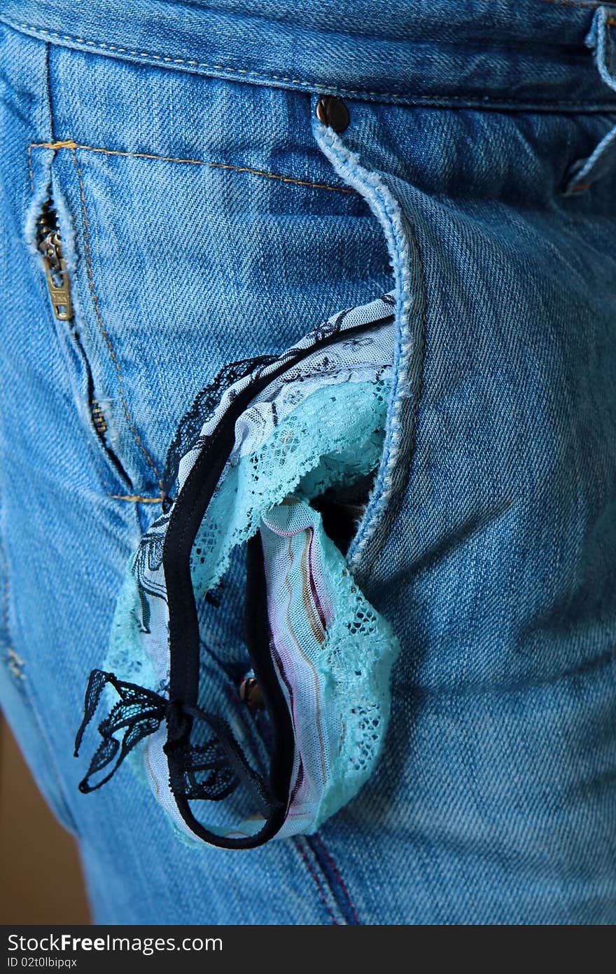 Men in blue jeans with Ladies panties