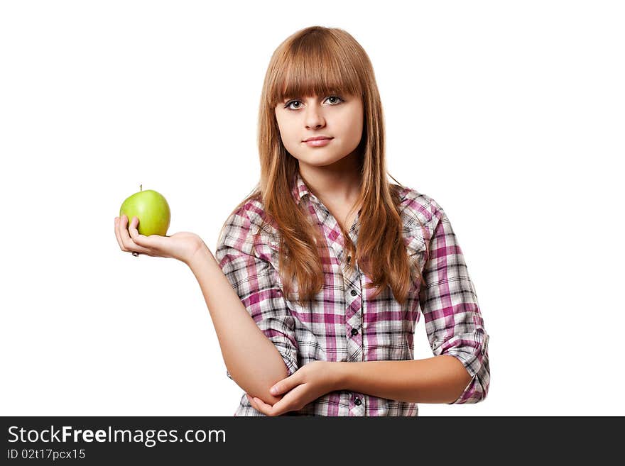 Girl with green apple on white background. Girl with green apple on white background