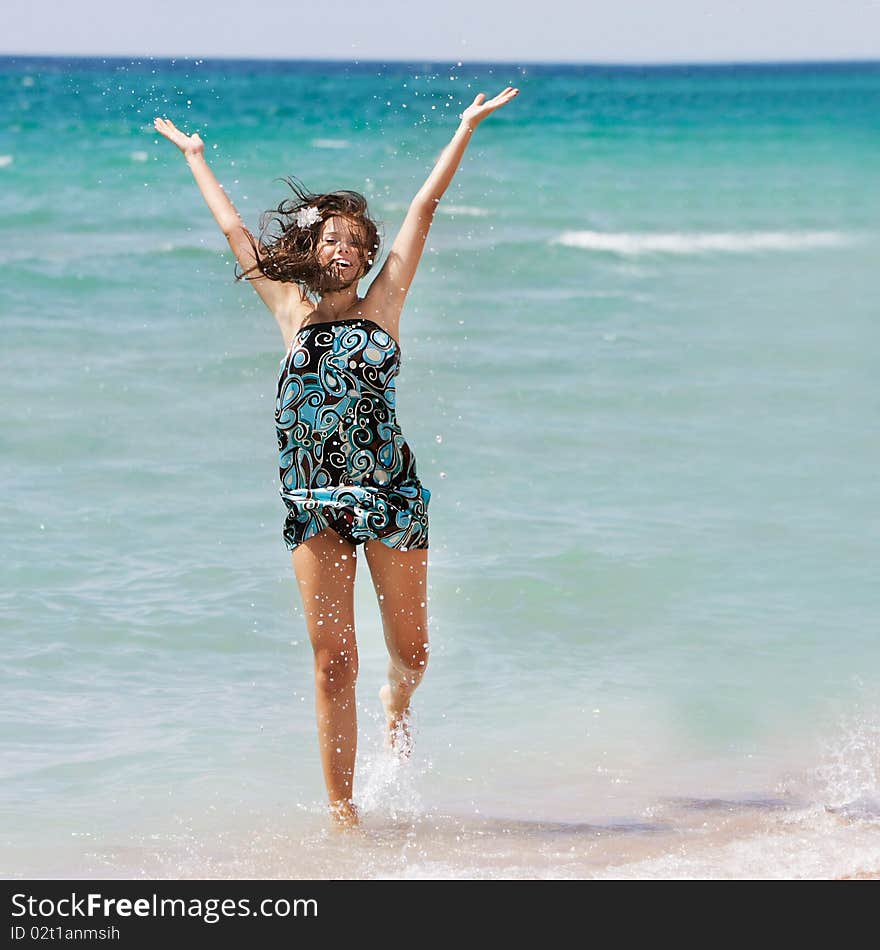 Happy Girl In Water Drops