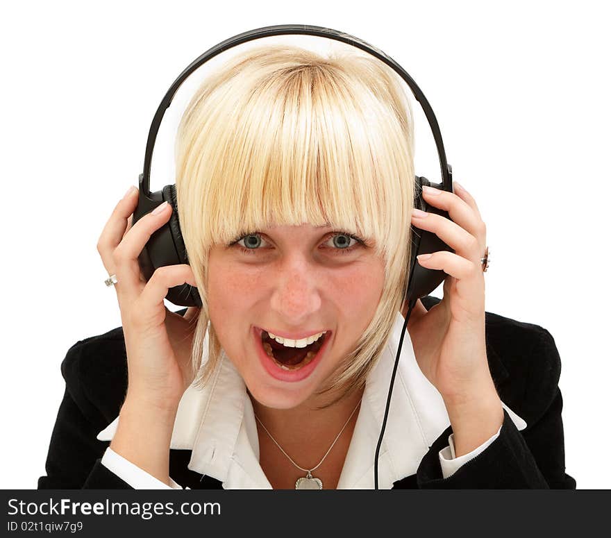 Crying agent woman of a call center with headset, isolated over white background. Crying agent woman of a call center with headset, isolated over white background