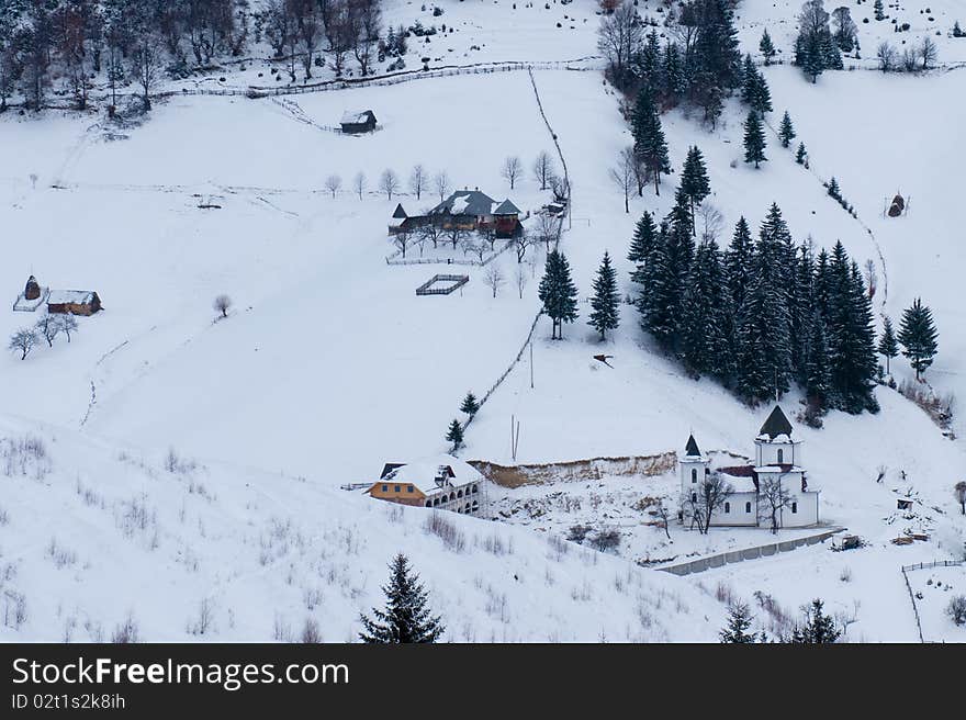 Old Monastery in Mountains, in Winter