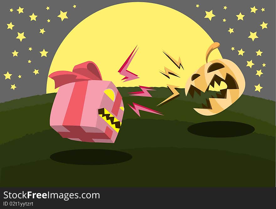 Image of a gift who is angry at a pumpkin on Halloween night. Image of a gift who is angry at a pumpkin on Halloween night