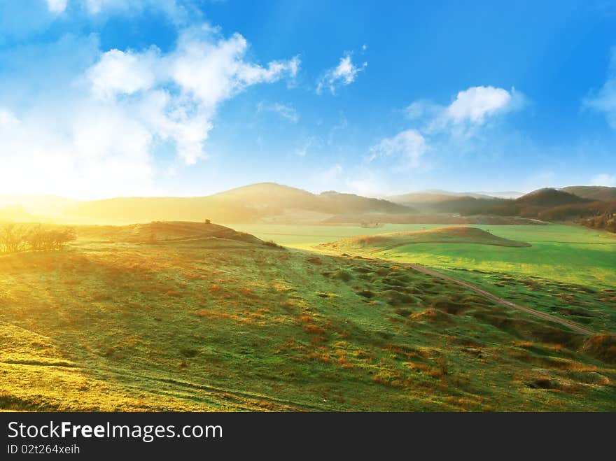 Morning and green hills. Nature composition.