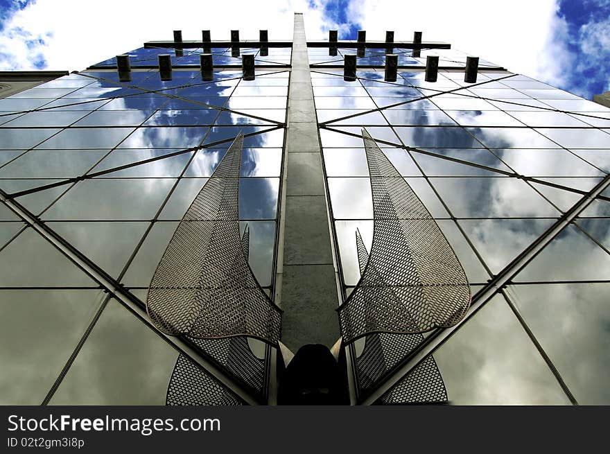 Sky reflections on a building in Lisbon Portugal)