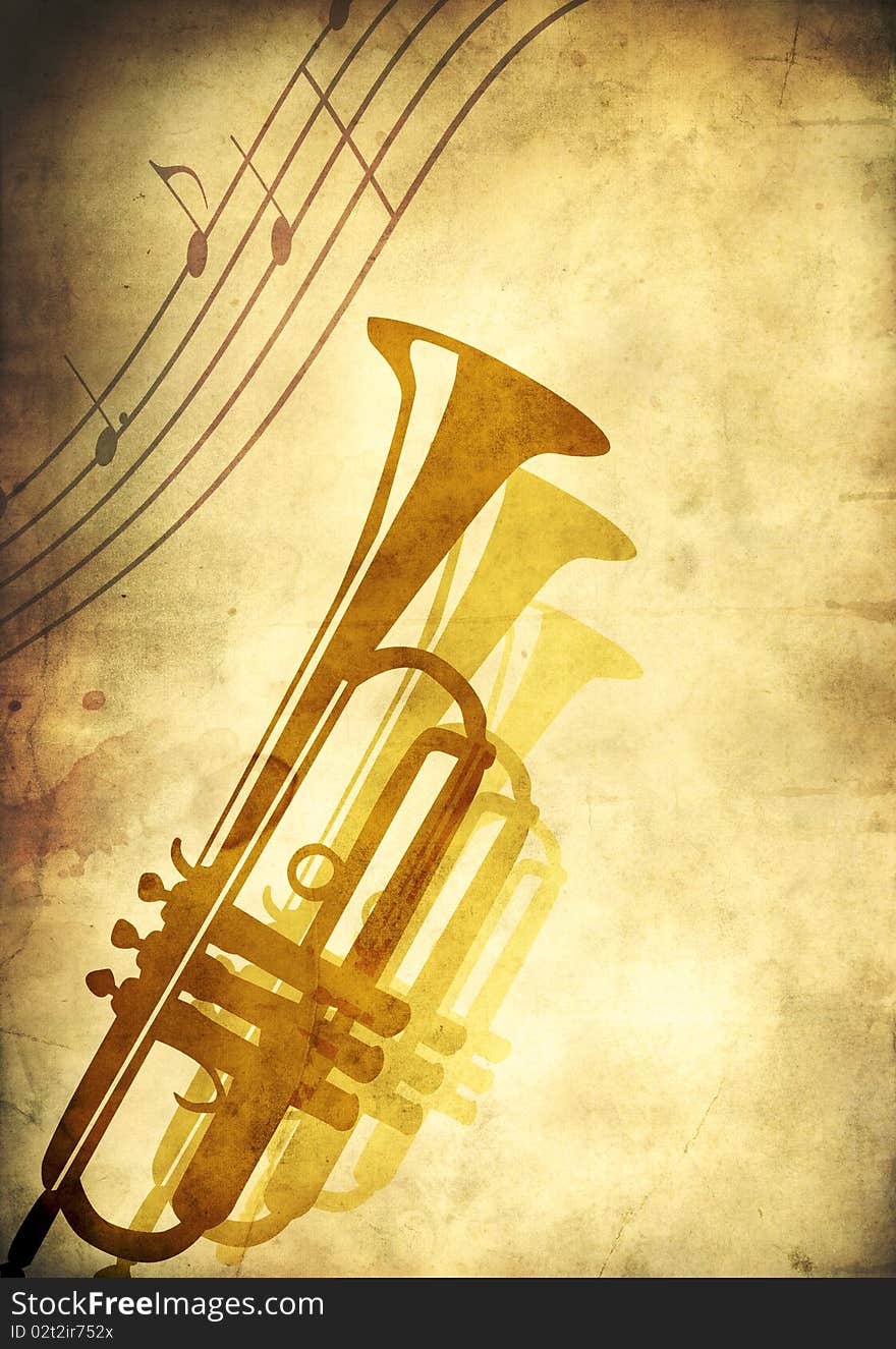 Old trumpet photo on the grunge background. Old trumpet photo on the grunge background