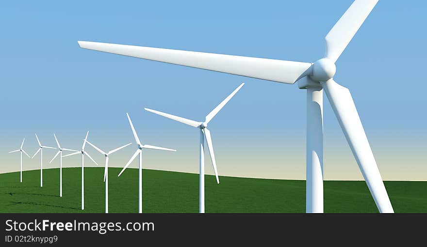 Row of electric windmills in a meadow generating clean energy. Row of electric windmills in a meadow generating clean energy