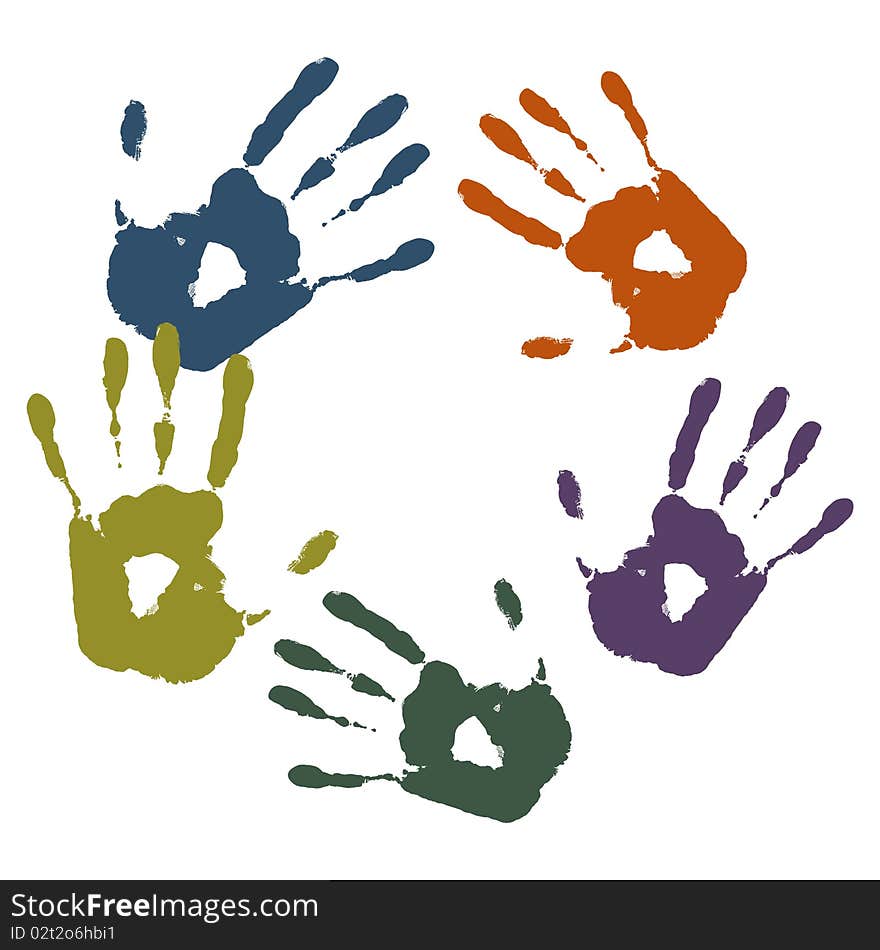 Colored palm prints on white background