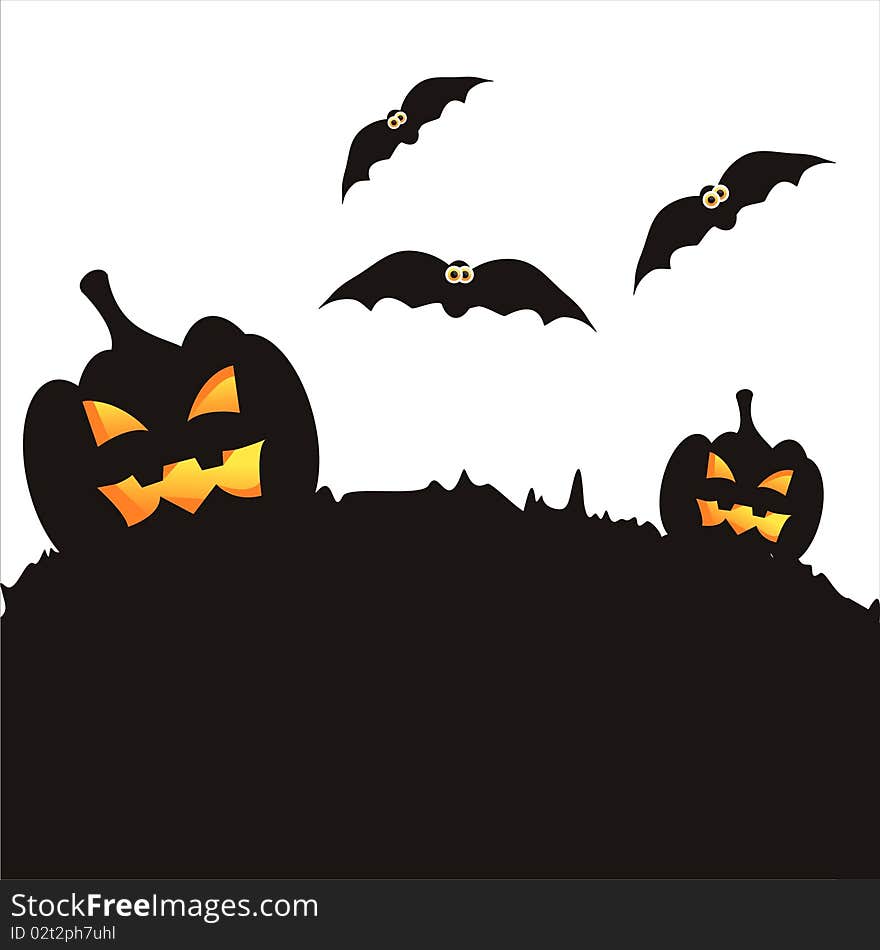 Halloween landscape with bats and pumpkins