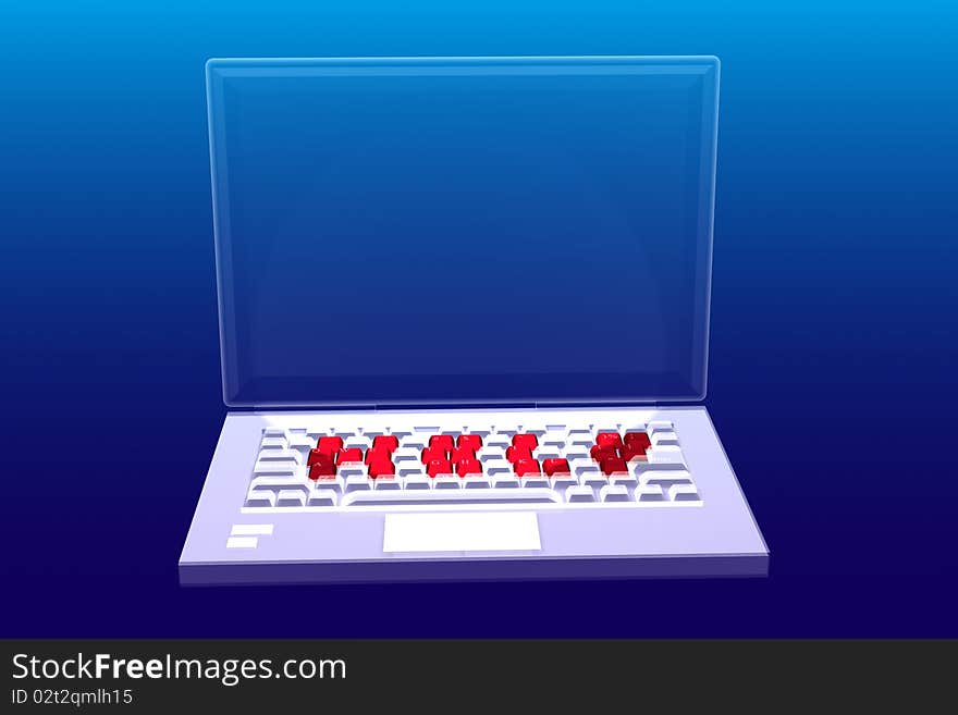 Three-dimensional computer with red words help on the keyboard