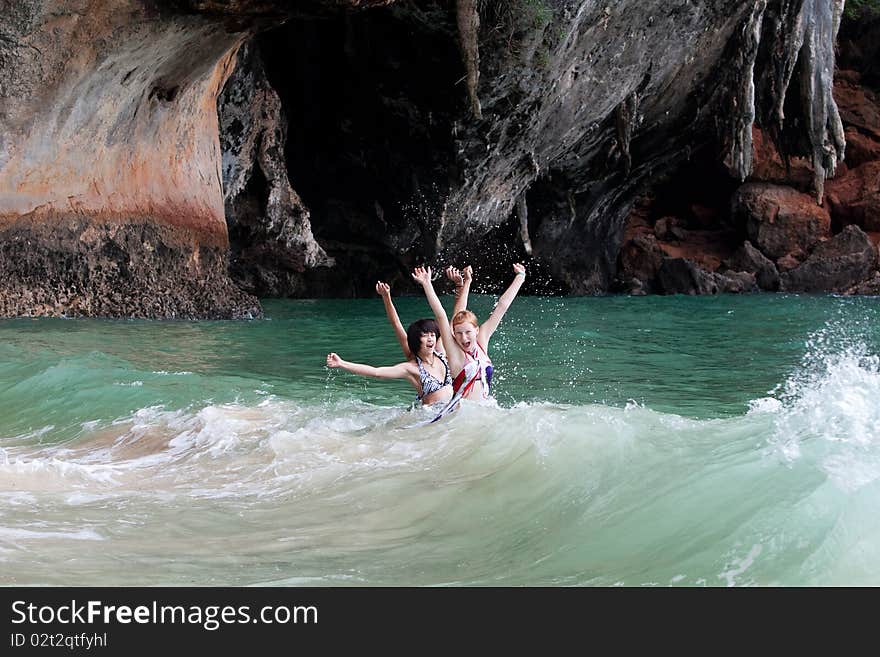 Girls Swimming In The Sea