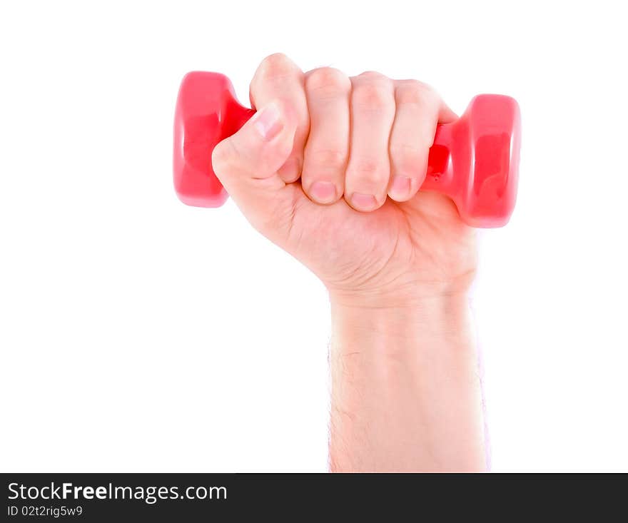 A red dumbbell in the men's hand on a white background