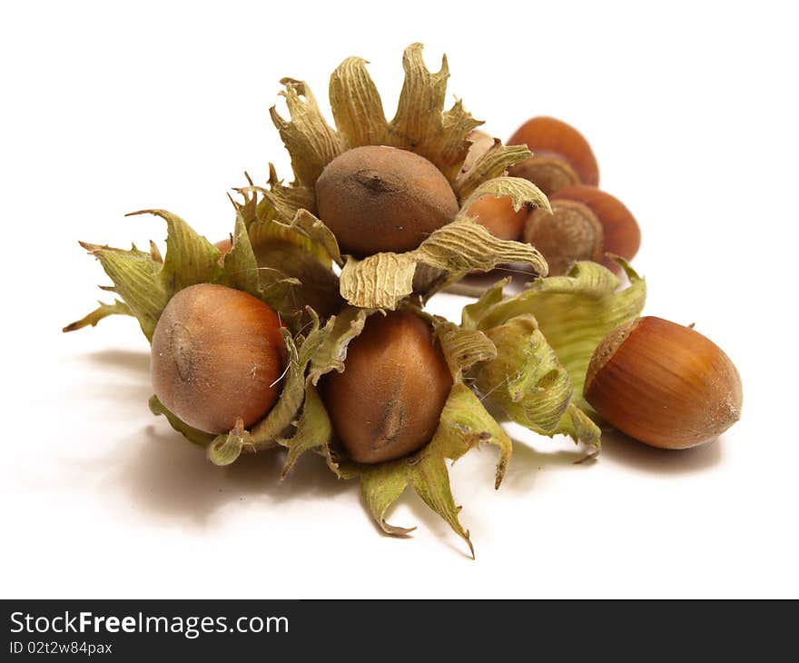 Wood nuts in a basket isolated on a white background