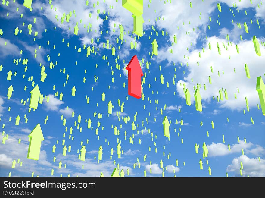 High quality 3D render of sky filled with flying arrows with one standing out