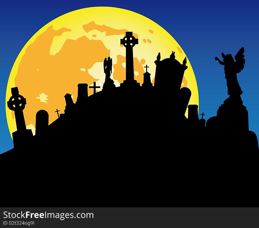 An silhouette of cemetery with on background a big moon on blue background. An silhouette of cemetery with on background a big moon on blue background