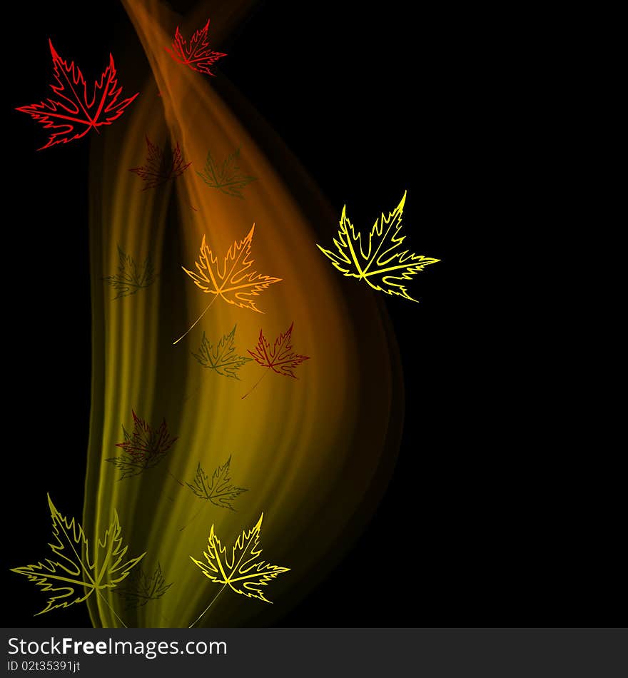 Abstract smoke with autumn leaf on a black background