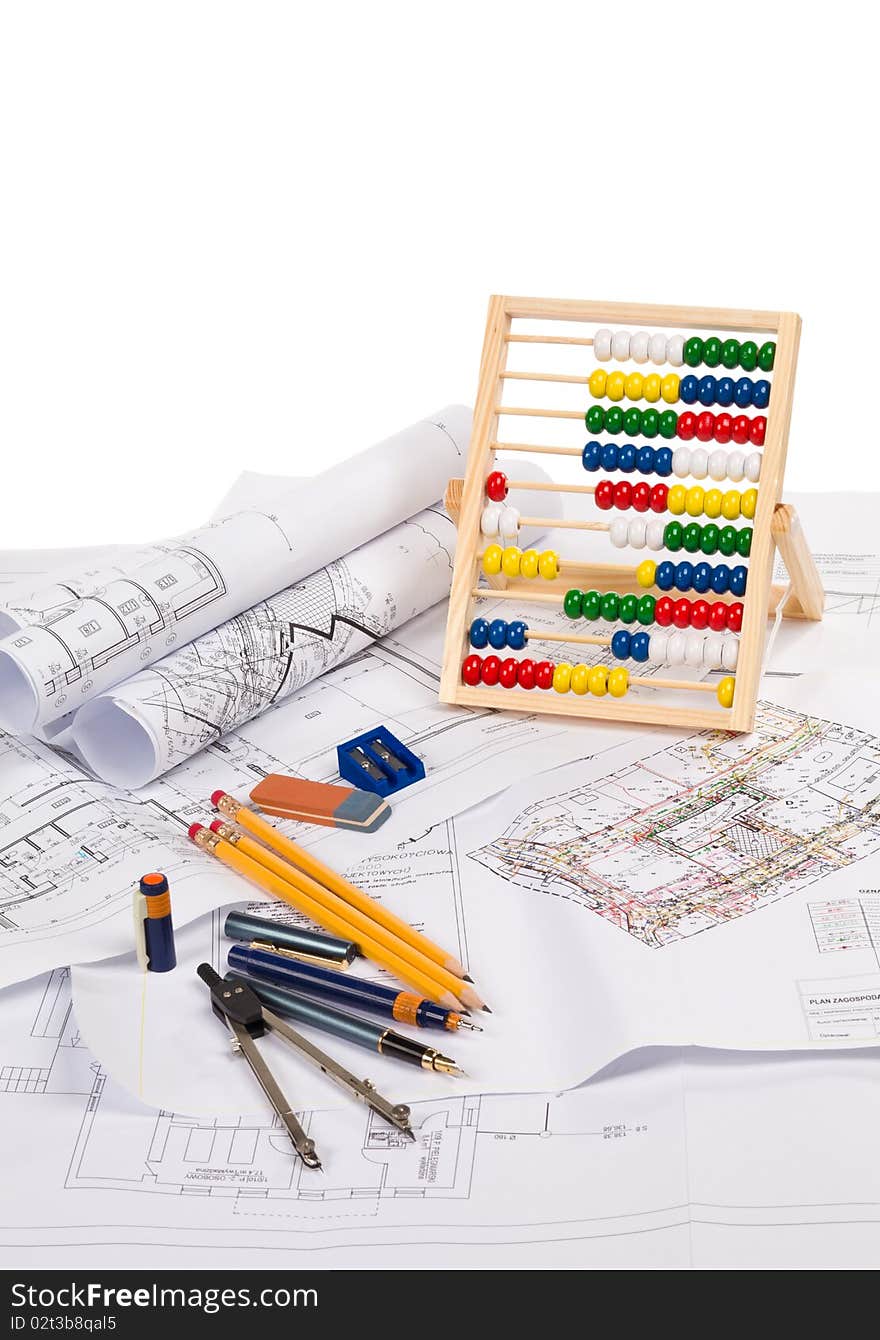 Blueprints and Architect tools on white. Blueprints and Architect tools on white