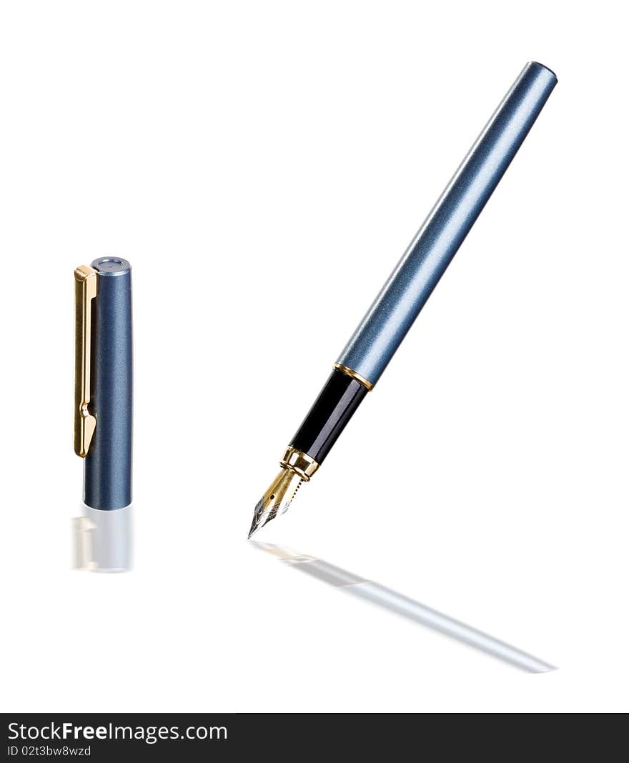 A classic, gold-nibbed black and blue fountain pen, reflected on a white surface.