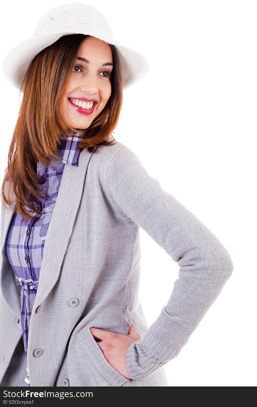 Side pose of a young model smiling on a white background. Side pose of a young model smiling on a white background