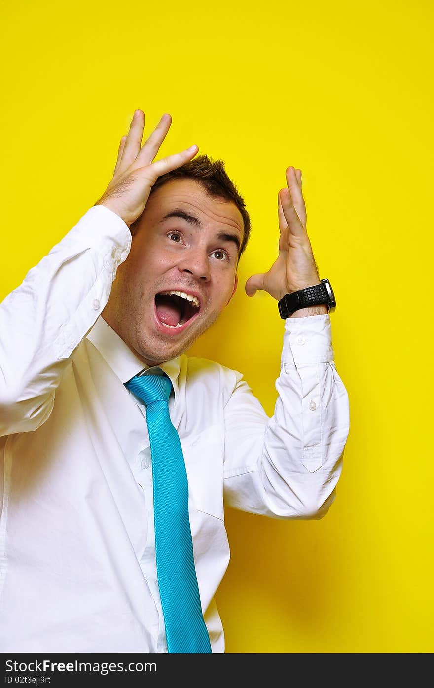 Portrait of a yelling business man wearing a blue tie 02. Portrait of a yelling business man wearing a blue tie 02