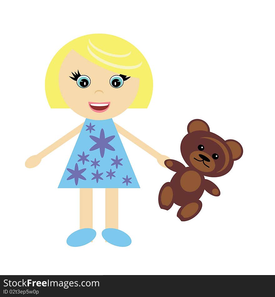 Little girl with teddy bear on white