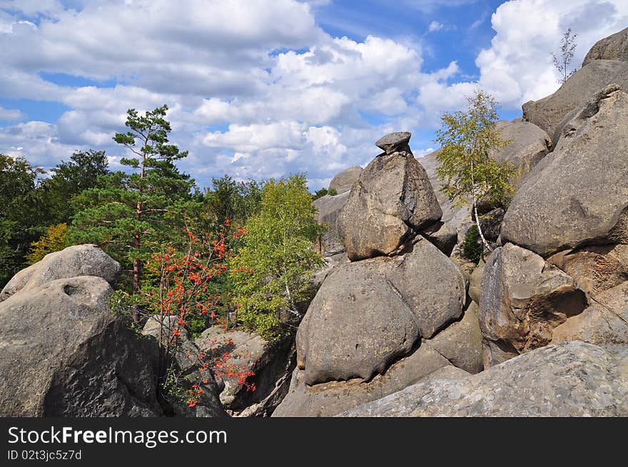 Rocks over wood.