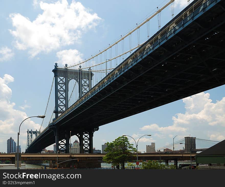 Brooklyn bridge against the blue sky, New York