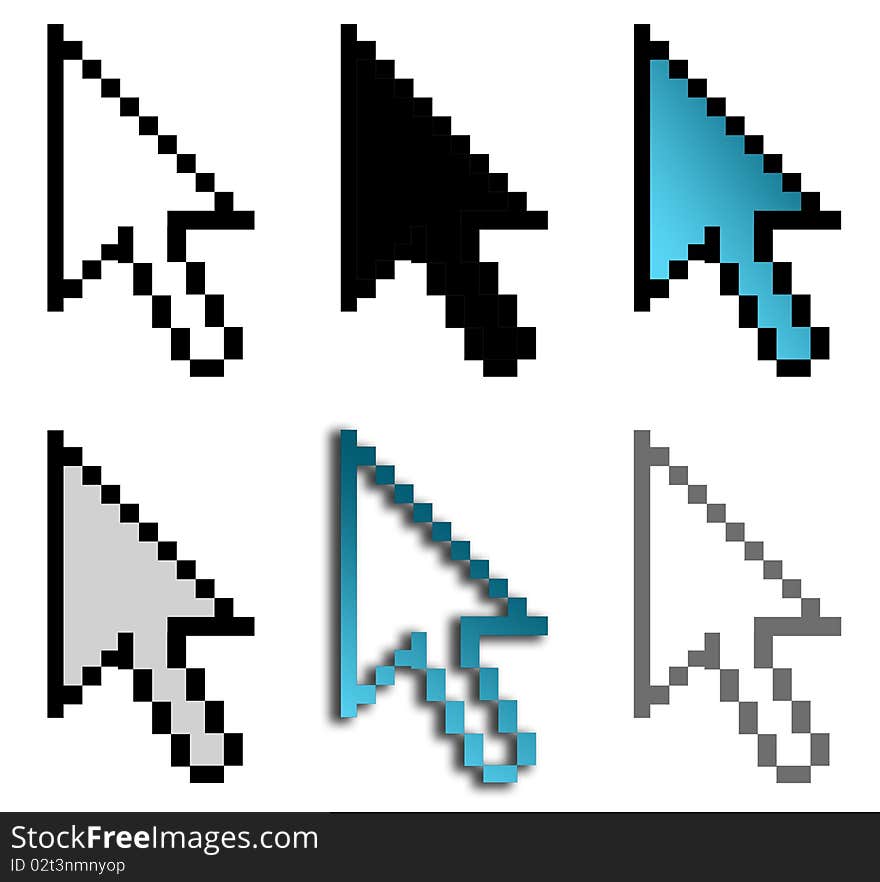 Cursor black, white and blue over white background. Illustration