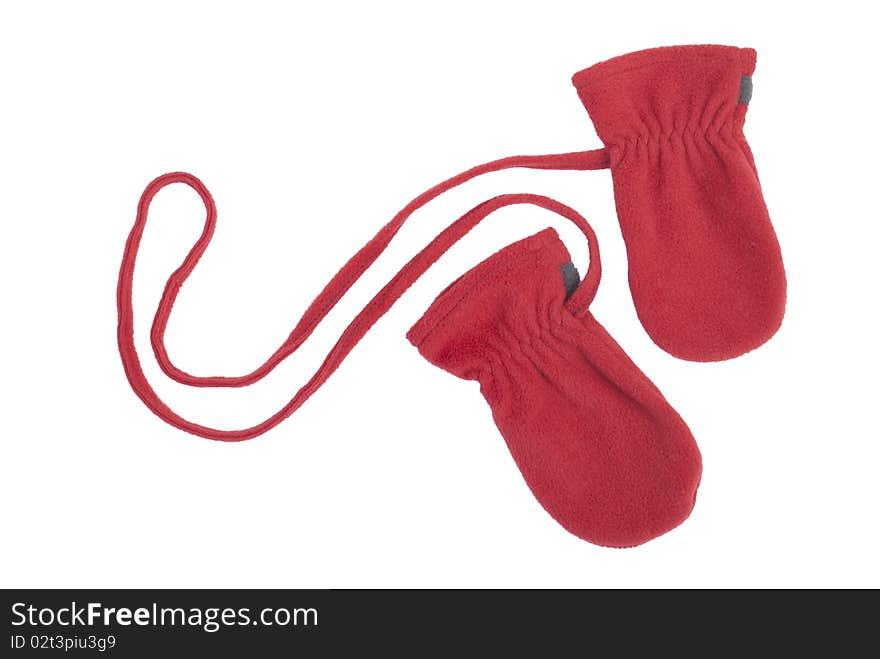 Red mittens for the child. Isolated on white background. Red mittens for the child. Isolated on white background