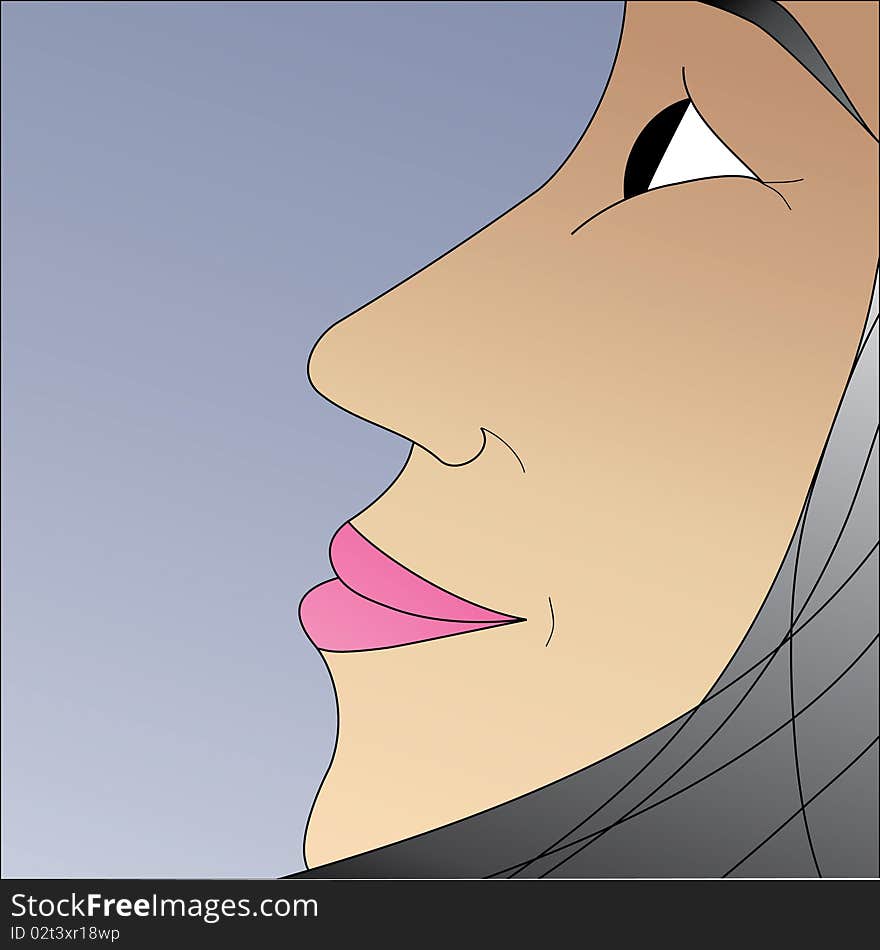 Color illustration of a woman's profile with dark eyes, pink lips, and grey hair. Color illustration of a woman's profile with dark eyes, pink lips, and grey hair