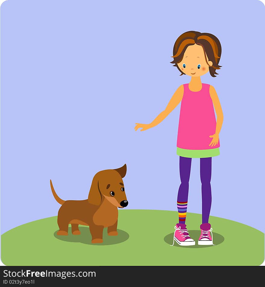 Girl With Dachshund Puppy