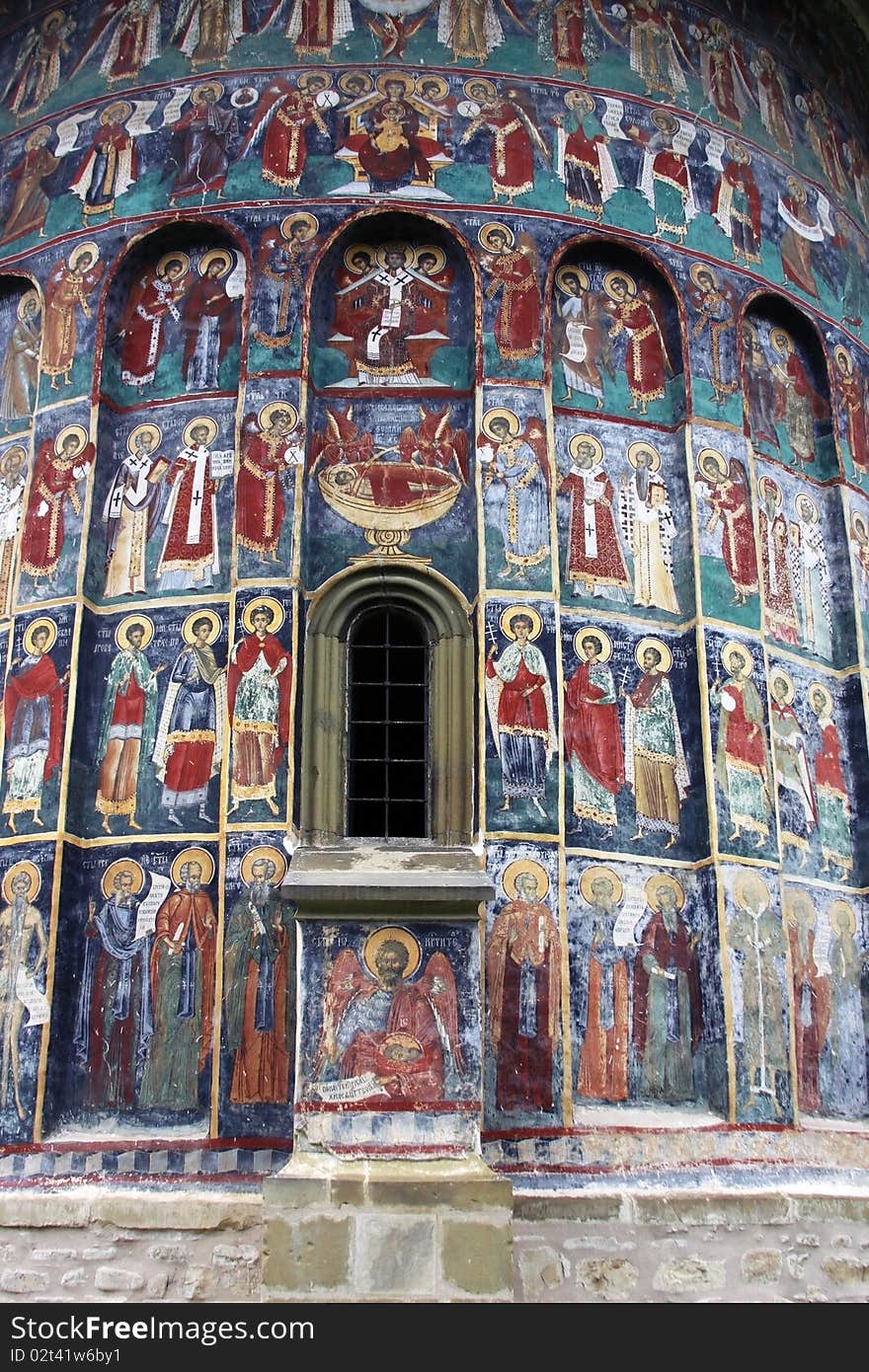 This image represents a painting on a old monastery from Romania!