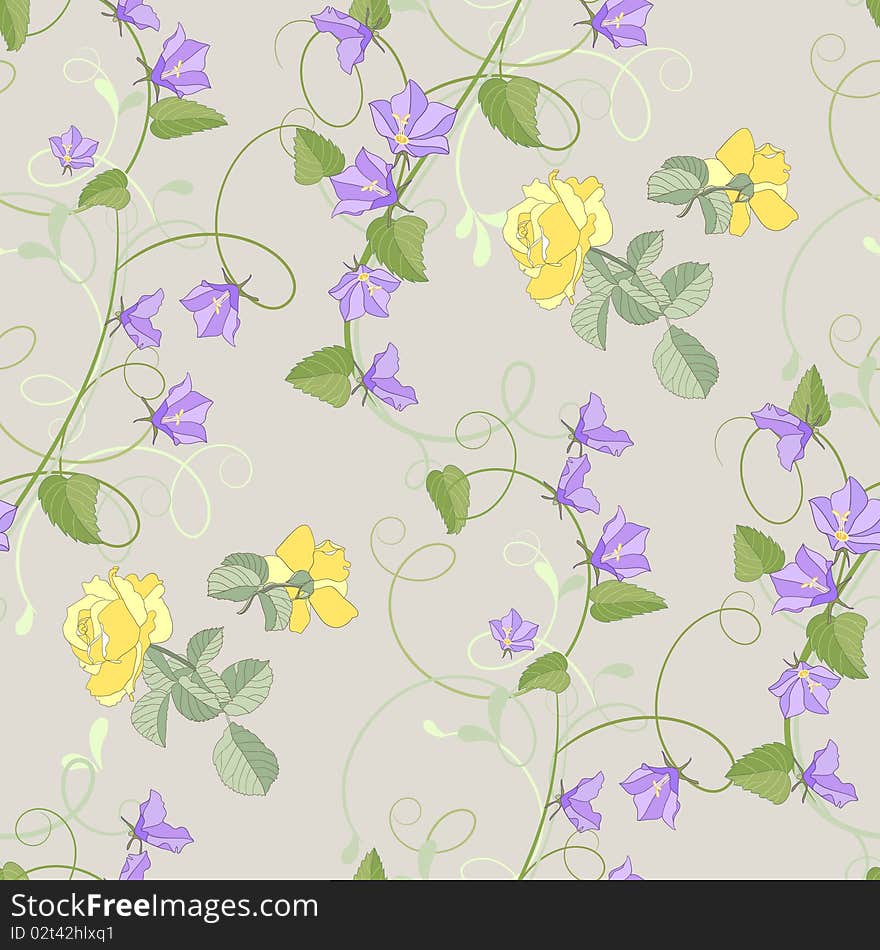 Roses and bluebells seamless pattern. Roses and bluebells seamless pattern