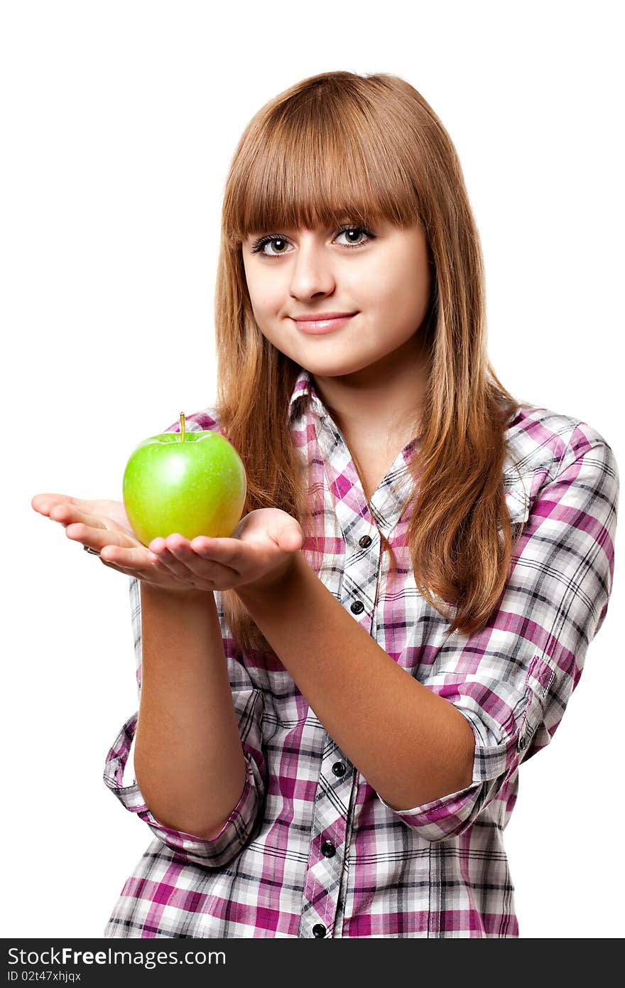 Girl with green apple on white background. Girl with green apple on white background