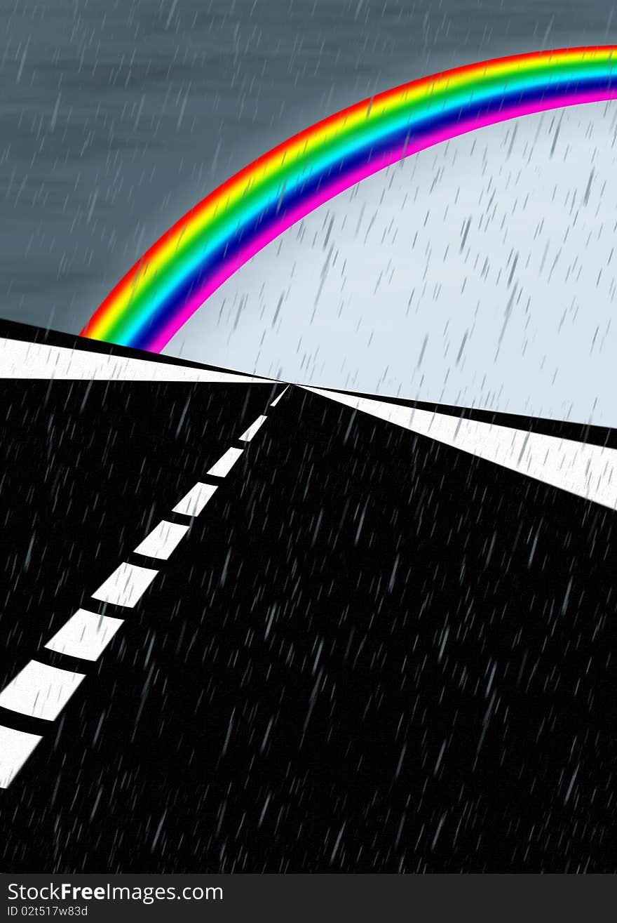 Road in the rain with rainbow. Road in the rain with rainbow