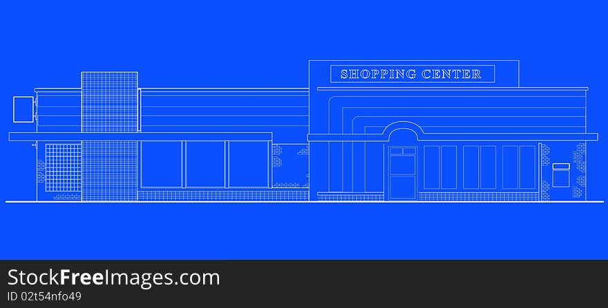 Line drawing illustration of a strip mall or shopping center building viewed from front elevation on blue background. Line drawing illustration of a strip mall or shopping center building viewed from front elevation on blue background