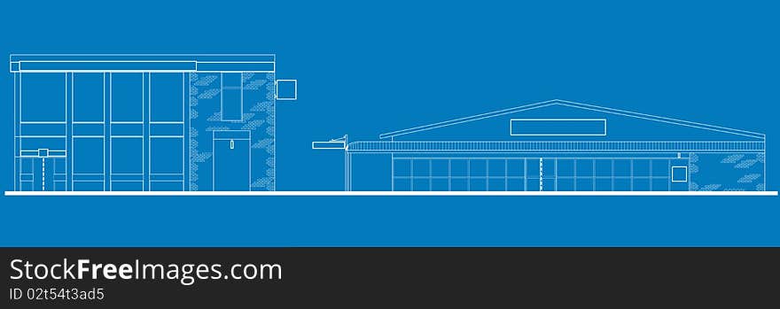 Line drawing illustration of a strip mall or shopping center building viewed from front elevation on blue background. Line drawing illustration of a strip mall or shopping center building viewed from front elevation on blue background