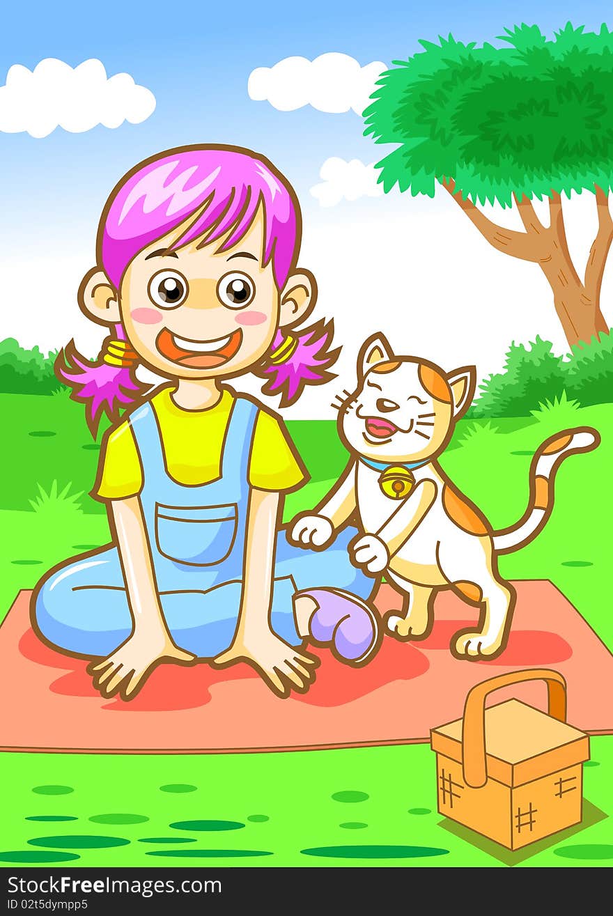 Girl and cat catoon isolated by illustrator